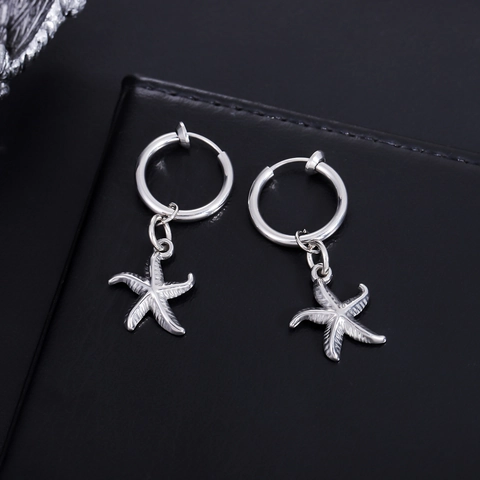 Orecchini a Clip a Cerchio con Ciondolo a Stella Marina in Acciaio Inossidabile Uomo Donna Semplici Tono Argento Gioielli Regalo