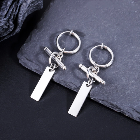 Unisex Titanstahl Clip On Hoop Ohrringe Ohne Piercing Minimalistisch Industrie T-Bar Rechteck Anhänger Silber Schmuck