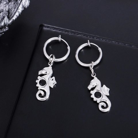 Vintage Stainless Steel Seahorse Ear Clips No Piercing For Men Women Fashion Animal Shape Black Rhinestone Inlaid Jewelry