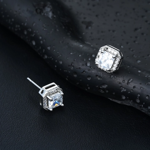 Orecchini a Bottone Halo Quadrati Strass Rame Perno Acciaio Inossidabile Gioielli di Moda Geometrici per Uomo Donna