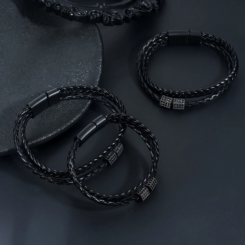 Herren Geflochtenes Lederarmband Magnetverschluss Zirkonia Eingelegt Doppellagiges Schwarzes Wickelarmband Mode Casual Schmuck Geschenk