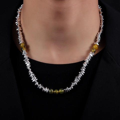 Collier en Hématite et Agate Minimaliste Pour Hommes Femmes Collier de Perles en Métal Argenté Irrégulier Bijoux Mode