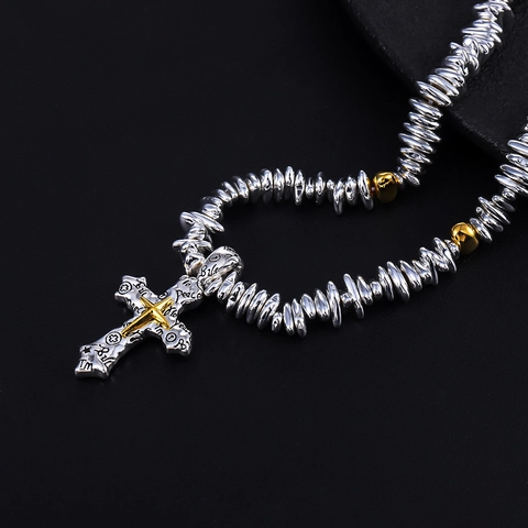 Collana con Pendente a Croce Retrò con Perline di Ematite in Lega Stile Goth Industriale con Incisione Peace Gioielli per Uomo Donna