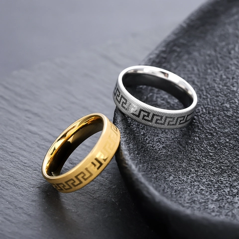 Vintage Edelstahl Griechischer Schlüssel Ring Für Herren Damen Mäander Muster Geometrischer Bandring Gold Silber Schmuck