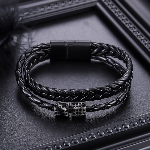 Herren Geflochtenes Lederarmband Magnetverschluss Zirkonia Eingelegt Doppellagiges Schwarzes Wickelarmband Mode Casual Schmuck Geschenk