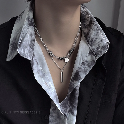 Collier Multirang pour Homme en Alliage avec Pendentif Set Argent Minimaliste Géométrique Disques Ronds Rectangle Bar Colliers Hip Hop Streetwear Style Bijoux pour Unisexe Quotidien