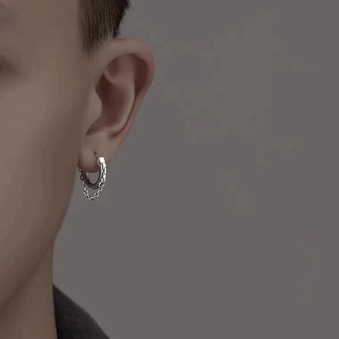 Vintage Versilberte Creolen Für Herren Mit Kettendangle Industrie Punk Stil Geometrische Ohrschnalle Schmuck Zubehör
