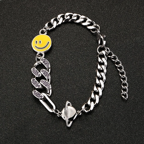 Bracciale Catena Cubana in Acciaio al Titanio Faccina Gialla Ciondolo Pianeta Strass Viola Moda Unisex Gioielli Hip Hop