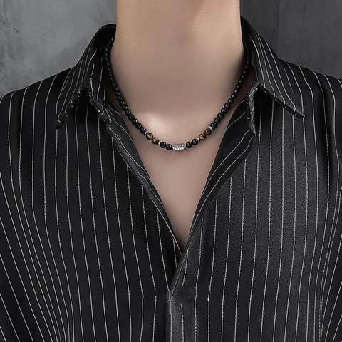 Retro Men Titanium Steel Obsidian Beads Necklace With Yellow Tiger Eye Lucky Beads Personalized Clavicle Chain Jewelry