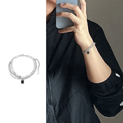 Bracciale Doppio Strato Uomo Acciaio Inossidabile Cold Style Geometrico Strass Nero Catena Figaro Gioielli Moda Regalo