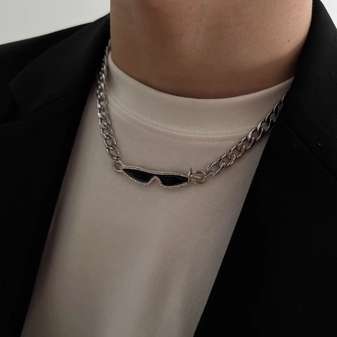 Titanium Steel Sunglasses Pendant Necklace For Men Women Cuban Link Chain Rhinestone Inlaid Hip Hop Streetwear Personality Jewelry