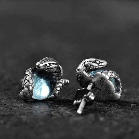 Vintage Copper Snake Stud Earrings With Light Blue Topaz 925 Sterling Silver Post Gothic Punk Eye Of Medusa Earrings For Men Women
