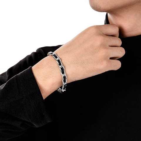 Trendige Weberei Halskette Armband Titan Stahl Schwarzes Leder Verflochtene Kette Einfache Mode Unisex Hip Hop Schmuck