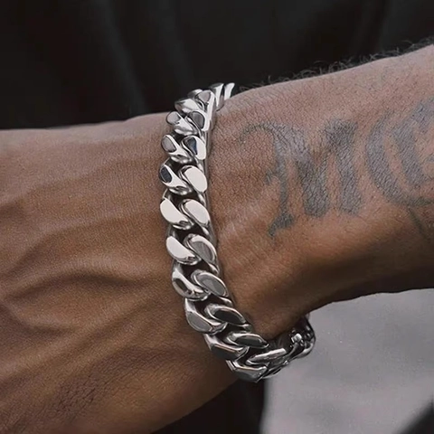 Uomo Donna Hip Hop Bracciale a Catena Cubana in Acciaio al Titanio Lucidato Argento Curb Catena Street Fashion Gioielli