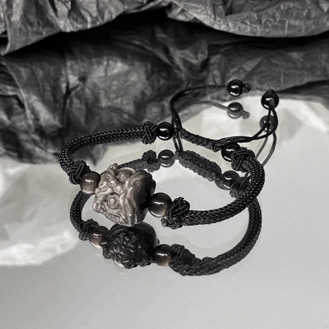 Men Neo-Chinese Guardian Lion Braided Bracelet Handmade Adjustable Black Rope Amulet Lion Dance Pattern Jewelry For Daily Decor
