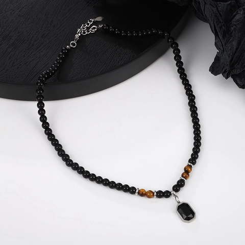 Collier Perlé Vintage en Œil de Tigre et Pierre Œil de Chat Unisexe Acier Inoxydable Pendentif Géométrique Strass Noir Bijoux