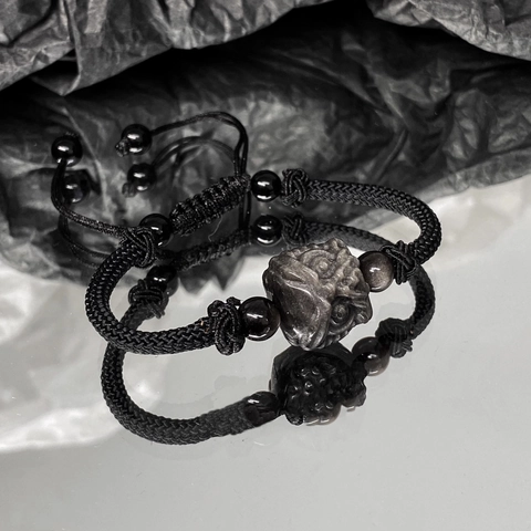 Men Neo-Chinese Guardian Lion Braided Bracelet Handmade Adjustable Black Rope Amulet Lion Dance Pattern Jewelry For Daily Decor