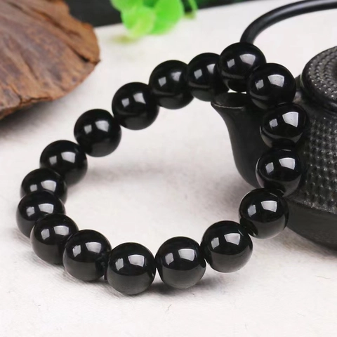 Minimalist Black Glass Bead Bracelet For Men Vintage Polished Round Beads Elastic String Hand Jewelry New Chinese Style Gift
