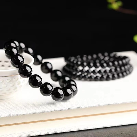 Minimalist Black Glass Bead Bracelet For Men Vintage Polished Round Beads Elastic String Hand Jewelry New Chinese Style Gift