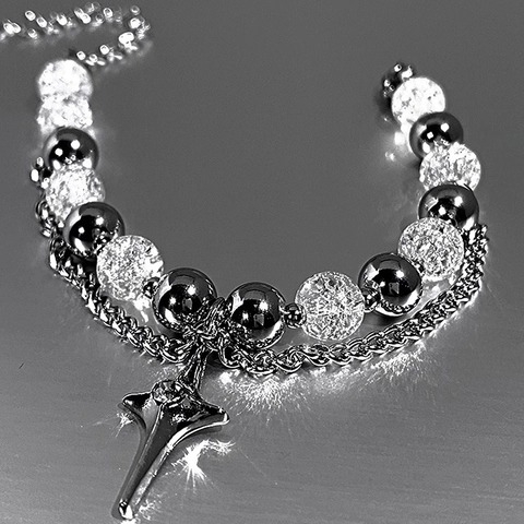 Pulsera de Doble Capa de Acero de Titanio Para Hombres Mujeres Cuentas de Vidrio Grietas de Hielo Colgante Estrella Joyería Punk