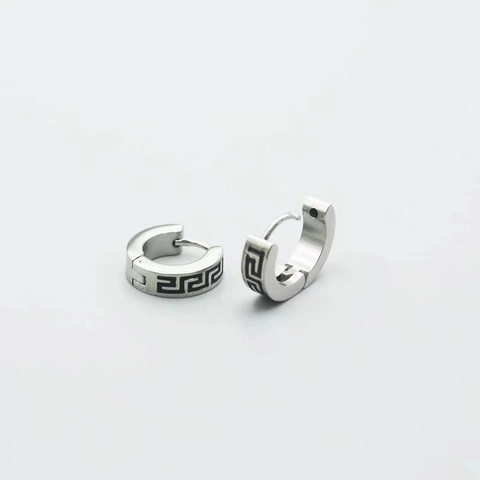 Men Stainless Steel Greek Key Hoop Earrings Simple Silver Geometric Meander Pattern Ear Buckle Fashion Jewelry Accessories