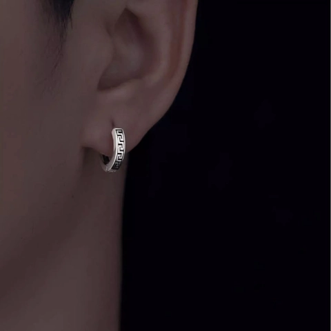Men Stainless Steel Greek Key Hoop Earrings Simple Silver Geometric Meander Pattern Ear Buckle Fashion Jewelry Accessories