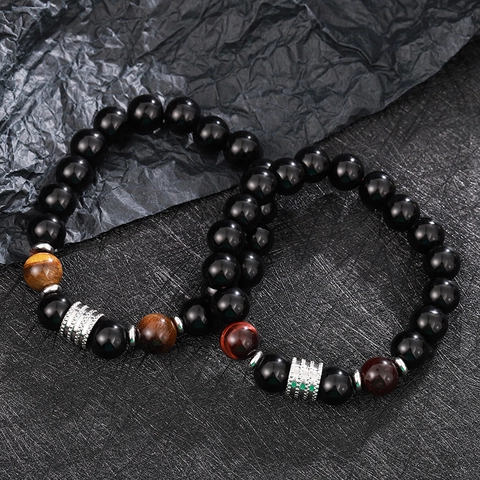 Handmade Natural Obsidian Tiger Eye Beaded Bracelet For Men Minimalist Stone Beads Elastic Fashion Rhinestone Jewelry Gift