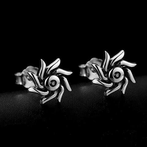 Men Minimalist Sun Gear Stud Earrings Copper Electroplated With Stainless Steel Post Black Rhinestone Hip Hop Retro Jewelry