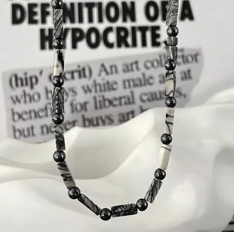 Collier de Perles à Texture de Marbre Vintage Unisexe Pendentif en Pierre Géométrique Hip Hop Chaîne de Clavicule en Alliage Poli pour Hommes Femmes