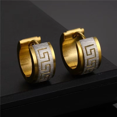 Vintage Stainless Steel Greek Key Huggie Hoop Earrings For Men Women Polished Brushed Titanium Steel Geometric Ear Buckle
