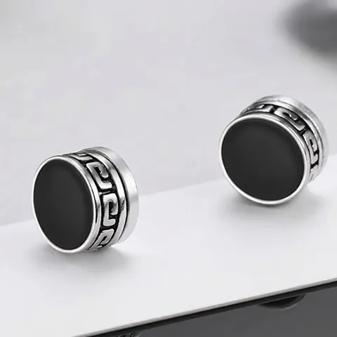 Vintage Mäander Muster Magnetischer Ohrclip Ohne Loch Schwarz Emaille Kupfer Ohrring Für Herren Unisex Schmuck
