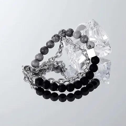 Natural Obsidian Titanium Steel Double Layer Bracelet For Men Industrial Style Geometric Beaded Chain Jewelry Accessory