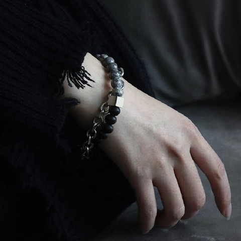 Natural Obsidian Titanium Steel Double Layer Bracelet For Men Industrial Style Geometric Beaded Chain Jewelry Accessory