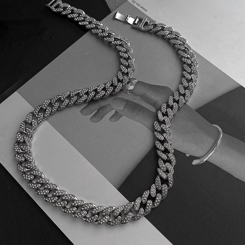 Collar de Eslabón Cubano Iced Out para Hombre Mujer Hip Hop Aleación Plateada Cadena de Diamantes de Imitación Joyería