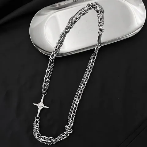 Vintage Titanium Steel Double Layer Cross Four Pointed Star Pendant Necklace Hip Hop Punk Silver Rhinestone Necklace For Men Women