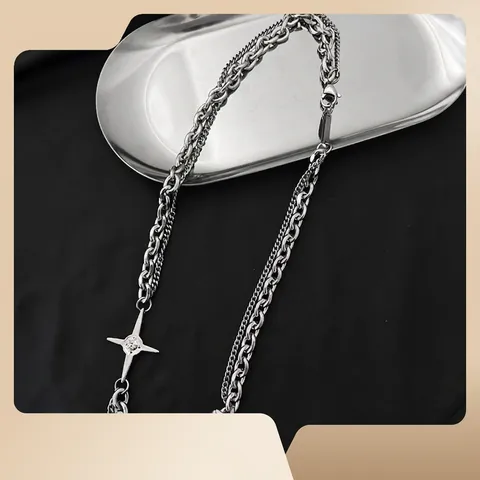 Vintage Titanium Steel Double Layer Cross Four Pointed Star Pendant Necklace Hip Hop Punk Silver Rhinestone Necklace For Men Women