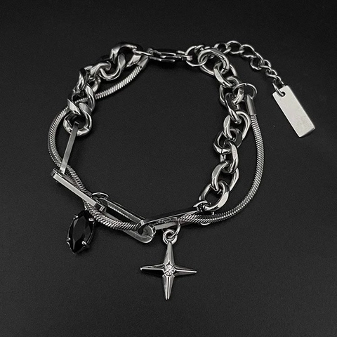 Vintage Titanstahl Sternig Schwarz Strass Armband Herren Doppel Kette Verstellbar Punk Hip Hop Schmuck Geschenk