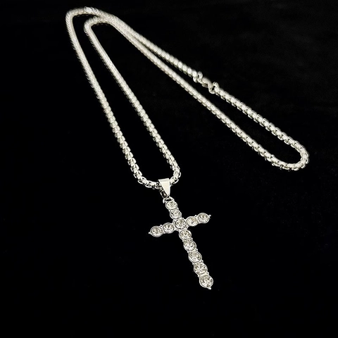 Hip Hop Stainless Steel Alloy Full Rhinestone Cross Pendant Necklace For Men Women Iced Out Silver Chain Jewelry Accessory