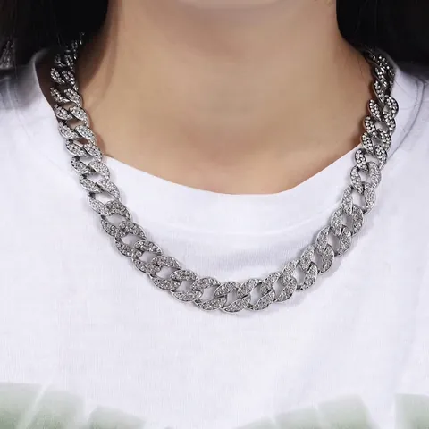 Collar de Eslabón Cubano Iced Out para Hombre Mujer Hip Hop Aleación Plateada Cadena de Diamantes de Imitación Joyería