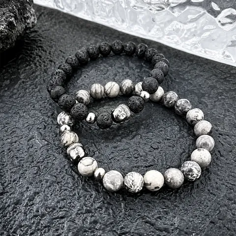 Retro Herren Vulkanischer Lavastein Perlenarmband Metall Buddhakopf Map Stone Perlen Elastisch Verstellbar Schmuck