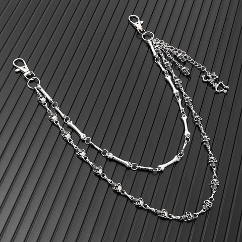 Catena per Jeans in Metallo Argento Punk Hip Hop Teschio Scheletro Catena da Vita a Più Strati Decorazione per Pantaloni Halloween