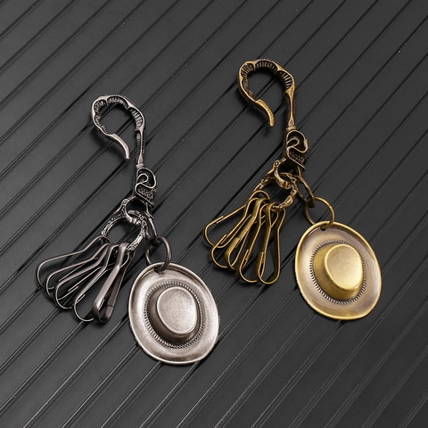 Portachiavi Vintage con Cappello da Cowboy in Lega di Zinco Invecchiata Teschio Punk Gancio per Cintura Anelli Multipli in Metallo