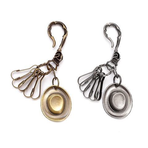 Portachiavi Vintage con Cappello da Cowboy in Lega di Zinco Invecchiata Teschio Punk Gancio per Cintura Anelli Multipli in Metallo
