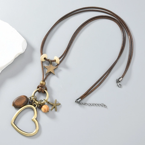 Collana Lunga con Pendente Bohémien Vintage in Lega Cuore Stella Marina Perle di Legno Cordino Cerato Gioielli in Stile Etnico per Donna