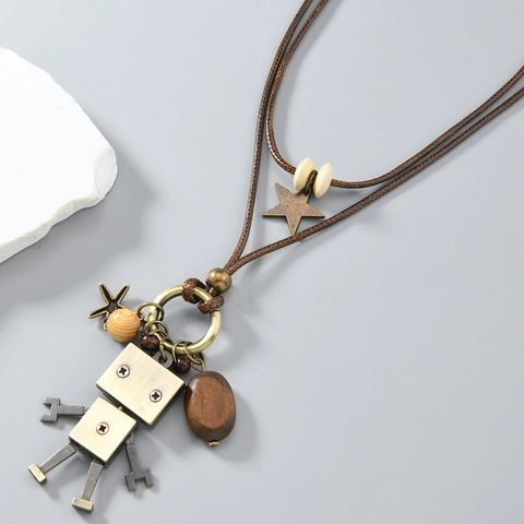 Vintage Ethnic Style Long Wax Cord Chain Alloy Robot Pendant Necklace For Women Men Punk Movable Mechanical Skeleton Star Wooden Beads Sweater Necklace Jewelry