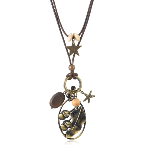 Collana con Pendente in Lega Stile Foresta Vintage Fatta a Mano Cordino Cerato Bohémien Perlina di Legno Foglia Ghianda Stella Collana Lunga