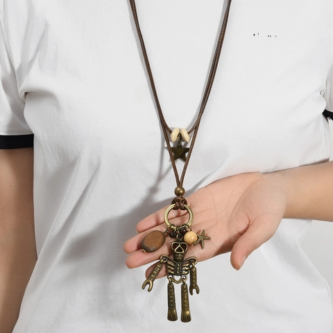 Retro Punk Skelett Roboter Anhänger Lange Halskette Vintage Gothic Zinklegierung Holzperle Wachskordel Halloween Schmuck Unisex