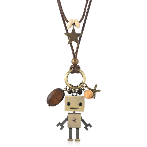 Sautoir Pendentif Robot Style Industriel Rétro avec Perles en Bois et Étoile en Alliage Bijoux Punk Faits à la Main pour Unisexe