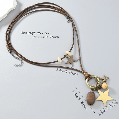 Collana con Ciondolo a Stella e Stella Marina Vintage Bohémien da Donna Lunga Catena in Lega Cordino Cerato e Perline di Legno