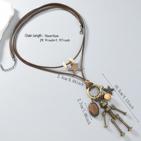 Collana con Ciondolo a Forma di Robot Retro Punk Vintage in Lega di Bronzo Perline di Legno Cordino Cerato Gioielli Donna